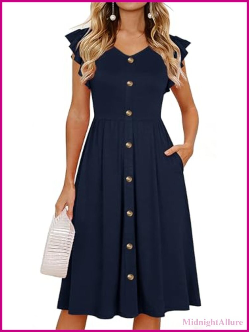 Women's Ruffle Sleeve V-Neck Button Down Midi Swing Dress with Pockets